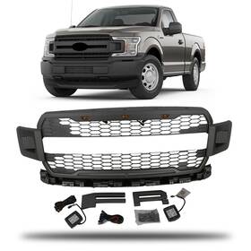 24cp7281gr Jx For Ford F150 18-20 Front Upper Grille Grill Grey Raptor Style With Side Led Lamp