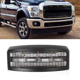Aost7611mbk Jx Front Bumper Hood Grille With Led Lights For Ford F250 F350 2008-2010 Raptor Style