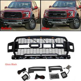 Ospc7281gbk Jx Ospc7281gbk& Fits Ford F150 2018-2020 Gloss Black Front Bumper Grille Raptor With Side Led Light