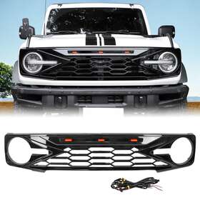 Bs-hd-0038 Mfc Front Grille Bright Black In Raptor Style With Led Lightfor 2021-2023 Ford Bronco